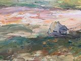 an oil painting of a rock in the middle of a body of water