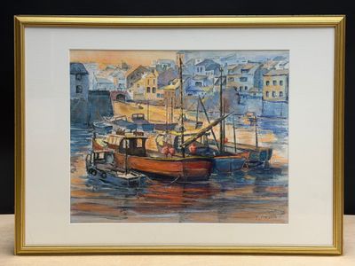 a picture of a painting of a boat in the water