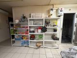 a room with a lot of items on the shelves and a dog laying on the floor