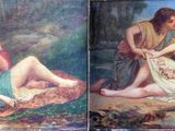 trois photos d'un tableau représentant une femme et un homme assis l'un à côté de l'autre