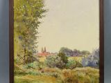 a painting of a field with trees and a house in the distance
