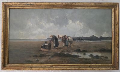 un tableau représentant un groupe de personnes debout sur une plage
