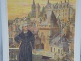 affiche représentant une femme en robe noire debout devant une ville