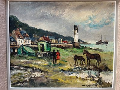 a painting of a painting of horses and people on the beach