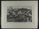 a black and white drawing of a train going down the tracks