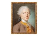 portrait of a man with white hair and a brown coat in a gold frame
