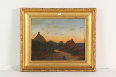 une peinture à l'huile représentant une scène de campagne avec une route et une maison