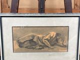 tableau représentant une femme allongée sur le ventre sur un chevalet en bois