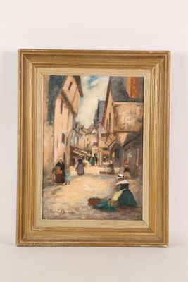 an oil painting of a street scene with a woman sitting on the sidewalk