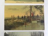 trois vieilles cartes postales représentant des hommes et des chiens au bord d'une rivière