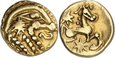 a gold coin with an image of a horse on it