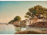 painting of a view of a river with a boat in the foreground
