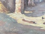 a painting of a man and a dog in a dirt area