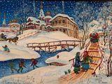 tableau représentant une scène hivernale avec des personnes sur un traîneau dans la neige
