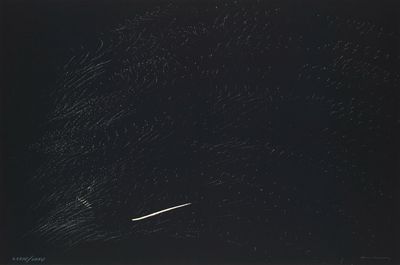 an image of a jet flying through the night sky over a field