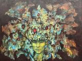 un tableau représentant une femme avec des fleurs sur la tête
