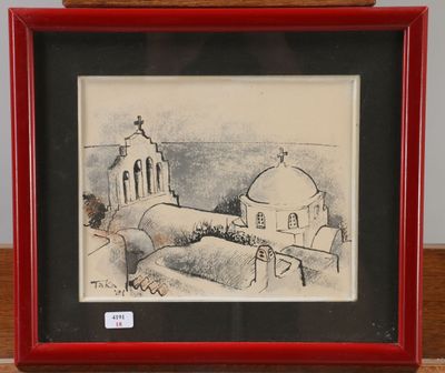 dessin d'une église dans un cadre rouge posé sur une table en bois