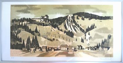 une image d'un tableau représentant une scène de montagne