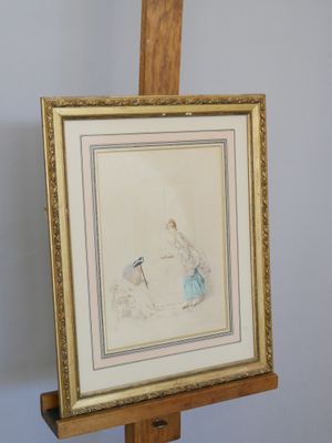 painting of a woman sitting on a chair in front of a painting on a easel