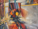 a painting of a chair and a bowl of fruit on a table