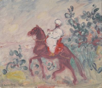 une image représentant un homme à cheval près d'un buisson