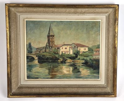 an oil painting of a church and a river in a gold frame