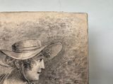 a drawing of a woman with a hat on her head