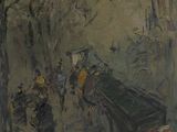 a painting of a man riding a horse in the street