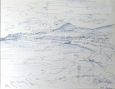 drawing of a landscape with mountains and a river in the distance