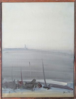 an oil painting of a boat on the beach by a body of water