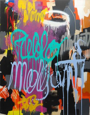 painting of a vase with spray paint on it with words on it