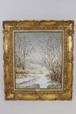 an oil painting of a snowy landscape with trees and a stream