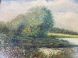an oil painting of a river with a tree in the distance