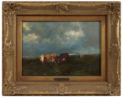 une image représentant un tableau montrant des vaches dans un champ, avec des nuages en arrière-plan