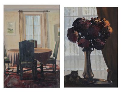 paintings of a dining room with a table and chairs and a vase of flowers