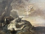 un tableau représentant un homme allongé par terre à côté d'un cheval