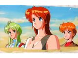 three anime characters are standing in front of a blue sky
