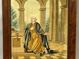 a painting of a man sitting on a bench in front of a building