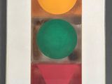 painting of a traffic light with a red, green, and yellow light on it