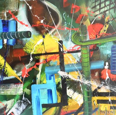 un tableau représentant tout un tas de choses diverses accroché au mur
