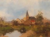 painting of a village with a church and a stream in the foreground