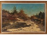 an image of a painting of a dirt road with trees in the background