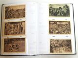 an open book with pictures of people and animals on it