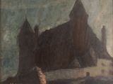 une peinture à l'huile représentant un château sur une colline, avec un chien au premier plan