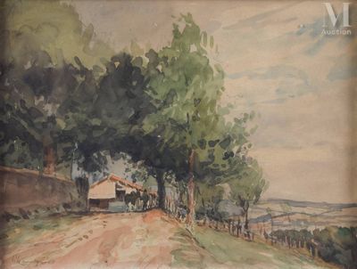 une aquarelle représentant une route de campagne bordée d'arbres