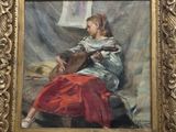 une peinture à l'huile représentant une femme jouant de la guitare, dans un cadre doré
