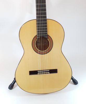 a close up of a guitar on a stand against a white background