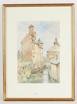 aquarelle encadrée représentant une scène de rue avec des bâtiments et une rivière
