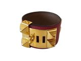 leather cuff bracelet with gold studs and a red leather band