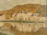 an image of a painting of a village by a river